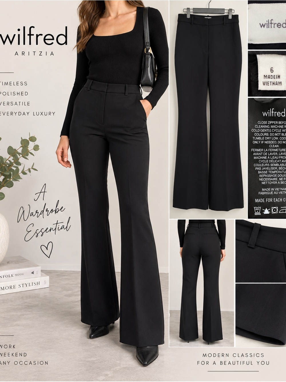 Wilfred Aritzia Black High Rise Flare Dress Pants Size 6